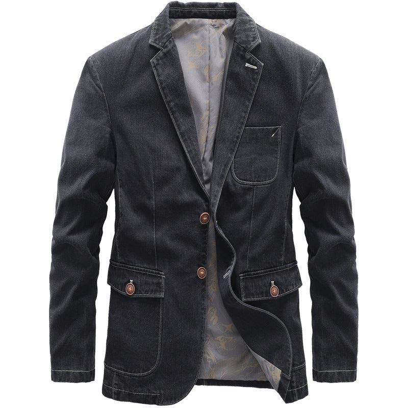 Herren Casual-Jeansblazer mit Reverskragen, aufgesetzten Pattentaschen und floral gemustertem Innenfutter – Tianoro