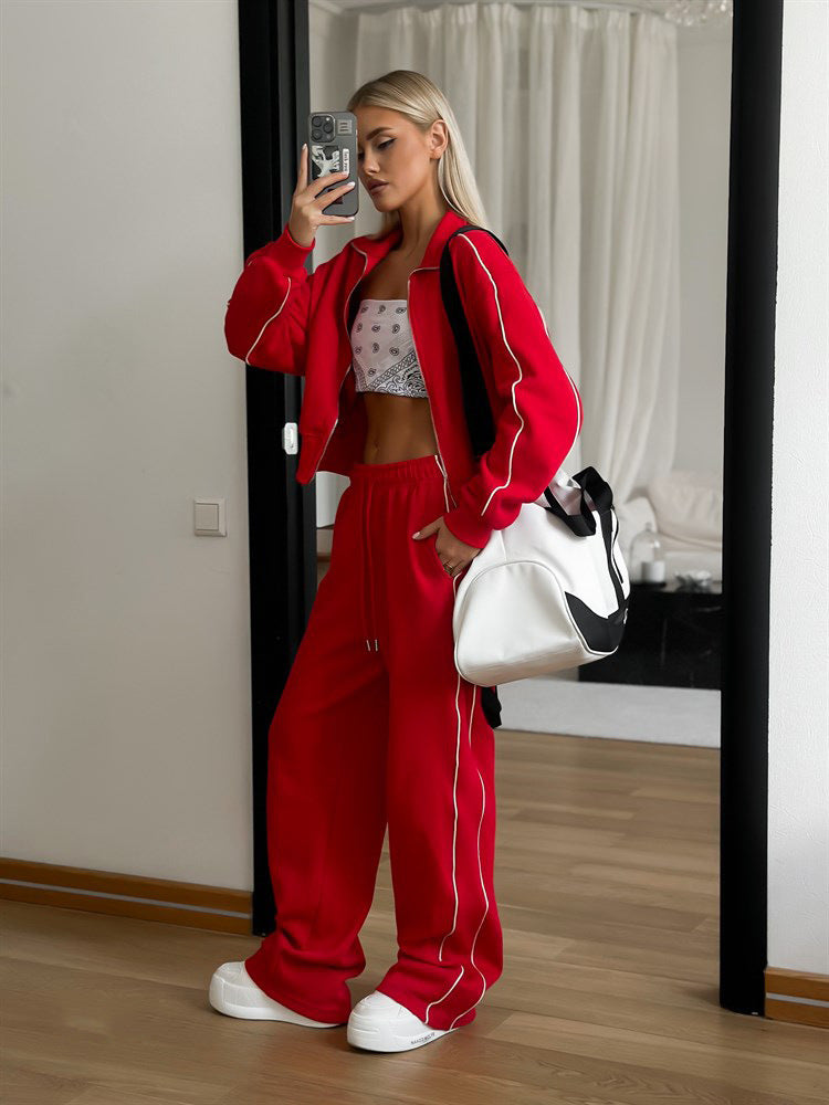Damen nan kurzes Reißverschluss-Hoodie und hohe Taillen-Jogginghose Set mit dekorativer Seitenpaspel Echo Archiv