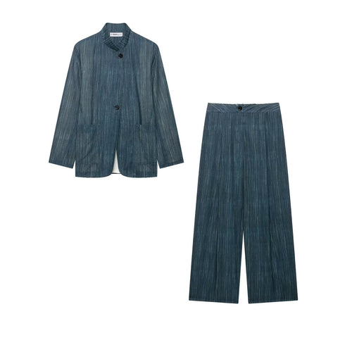 Damen Zweiteiliges Nadelstreifen-Set mit Stehkragen-Blazer und Highwaist-Palazzohose Echo Archiv