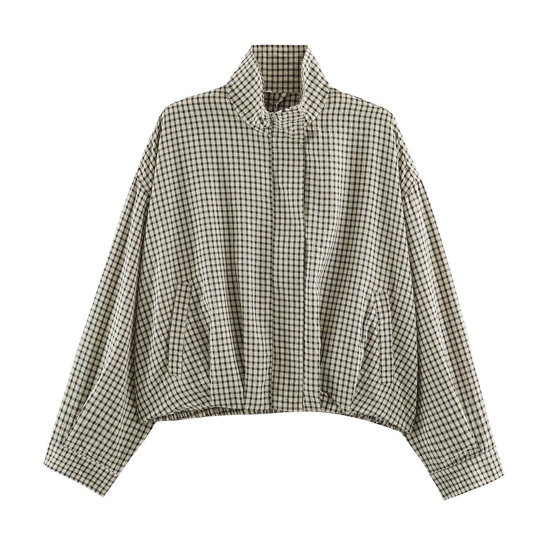 Damen Karo-Übergangsjacke im Oversize-Cropped-Schnitt mit hohem Stehkragen Echo Archiv