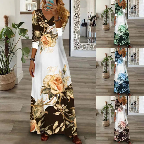 Damen Maxi-Kleid mit V-Ausschnitt, 3/4-Ärmeln und großem Rosendruck Echoarchiv