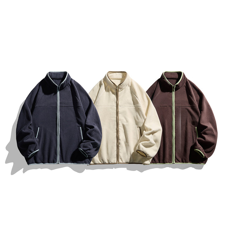 Unisex Oversize Fleecejacke mit Stehkragen, durchgehendem Reißverschluss und Kontrastpaspeln Echoarchiv