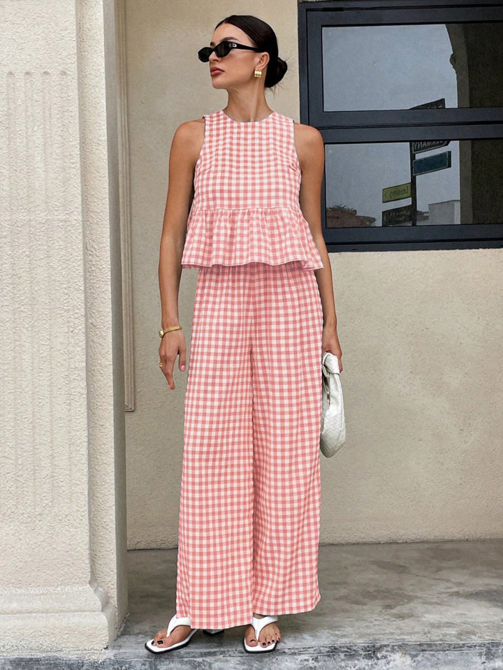 Damen Zweiteiliges Vichy-Karo-Set mit tailliertem Volanttop und weiter Palazzo-Hose Echo Archiv