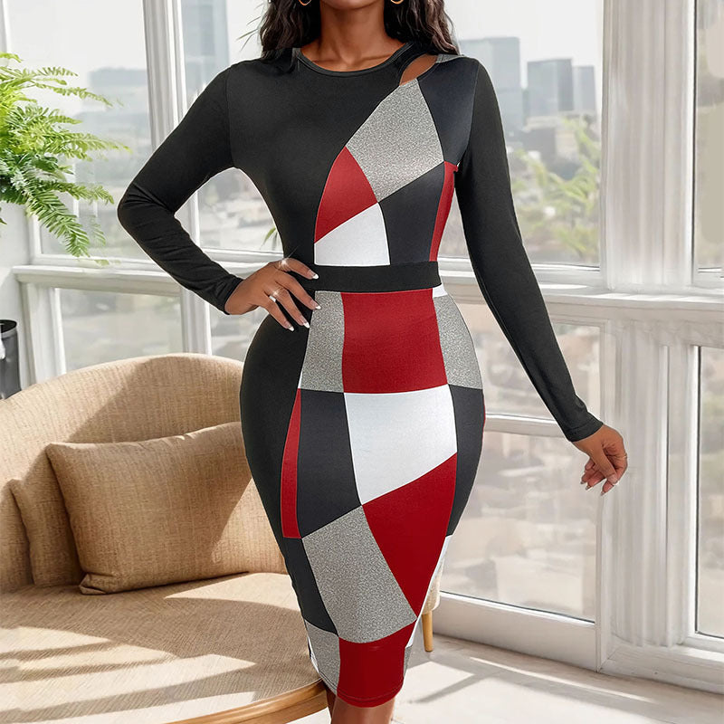 Damen Figurbetontes Midikleid mit grafischem Colorblock-Muster, Cut-Out-Schulter und taillierter Silhouette Echoarchiv
