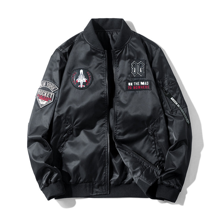 Men's pilot-style embroidered patch utility bomber jacket with angled welt pockets and zip sleeve pocket – Brevano