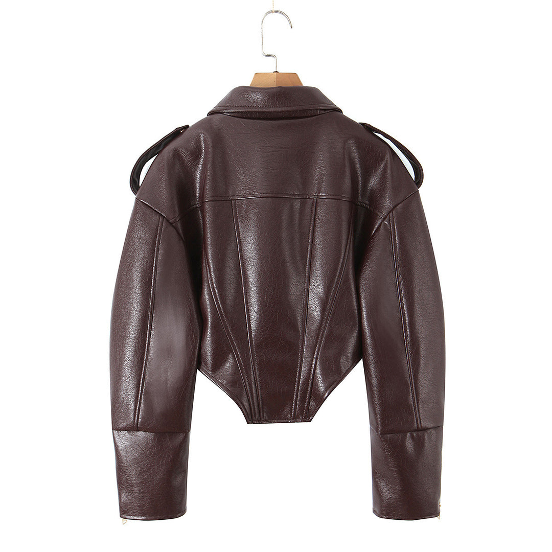 Damen Cropped-Lederjacke mit taillierter Korsett-Optik, Schulterriegeln und Reißverschluss Echo Archiv