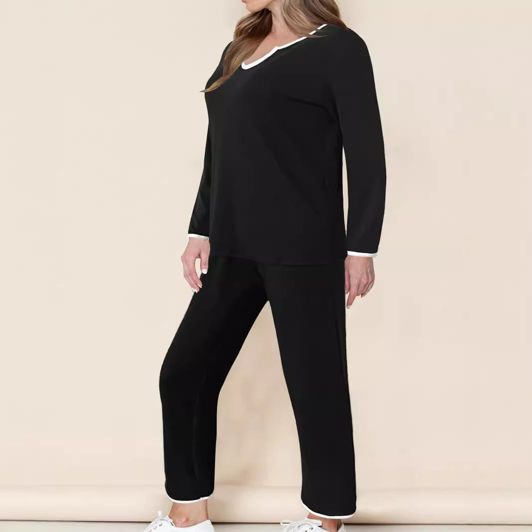 Damen Zweiteiliges Lounge-Set aus weichem Jersey mit V‑Ausschnitt, Langarm-Oberteil und weitem Palazzohosenbein – Élanora
