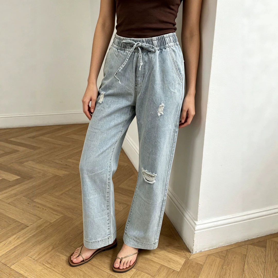 Damen nan weite Denimhose mit elastischem Kordelbund, Used-Effekten und lockerer Passform Echo Archiv