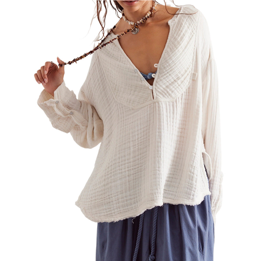 Damen Leichte Baumwoll-Gauze Bluse mit Henley-Ausschnitt – Avérine