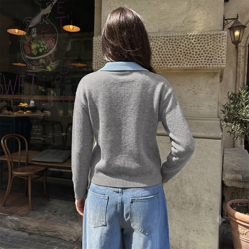 Damen Eleganter V-Ausschnitt Pullover mit Hemdkragen Echo Archiv