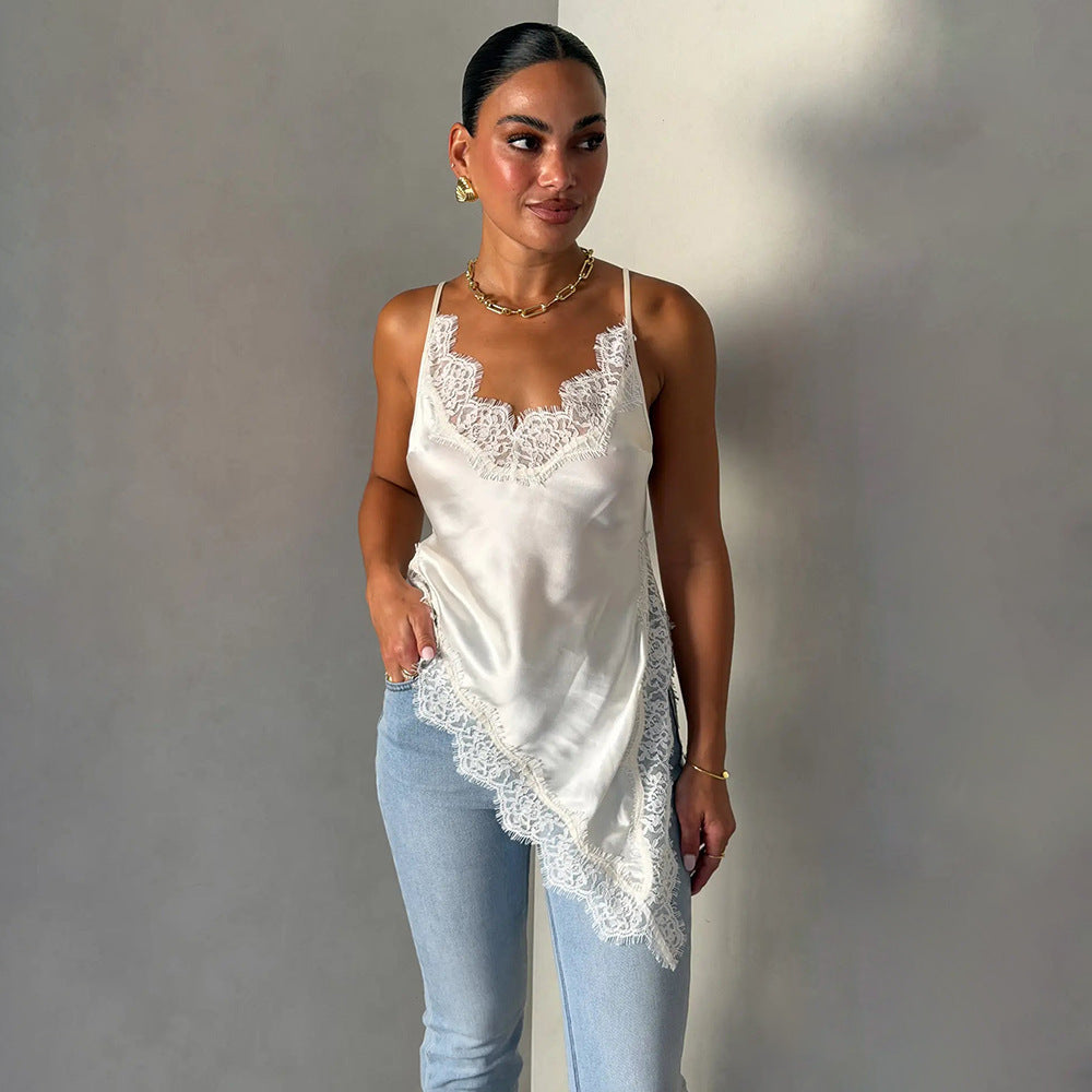 Damen Seidiges Spaghettiträgertop mit Spitzendetails Echo Archiv