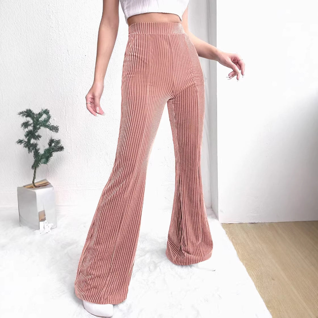 Damen Hochtaillierte Samt‑Cordhose mit Plissee‑Optik und weitem Bein Echo Archiv