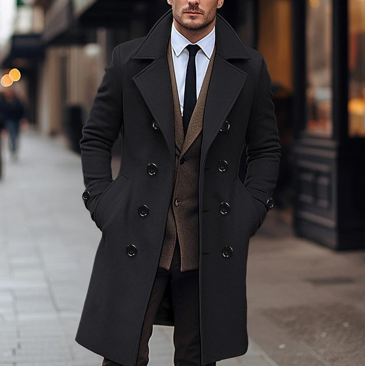 Herren nan eleganter doppelt geknöpfter Wollmantel mit breitem Revers und tailliertem Businessschnitt Echo Archiv