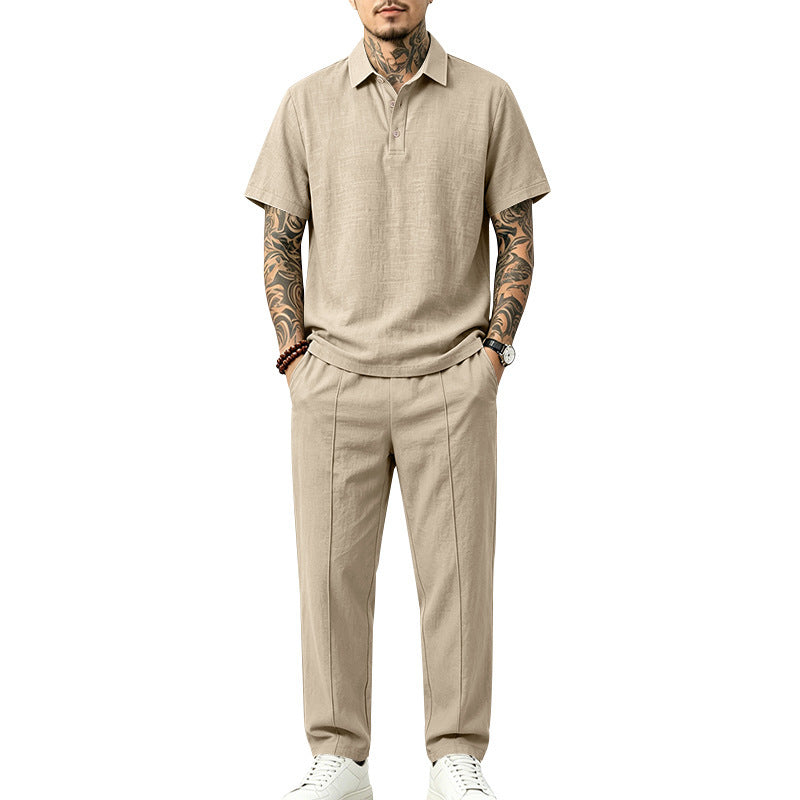 Herren Leichtes Leinenoptik-Loungewear-Set mit Polokragen und Bundfalten Echoarchiv