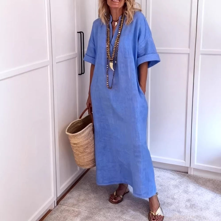 Damen Leinen Maxikleid mit V-Ausschnitt und praktischen Taschen Echo Archiv