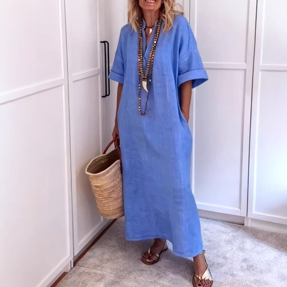 Damen Leinen Maxikleid mit V-Ausschnitt und praktischen Taschen – Valéora