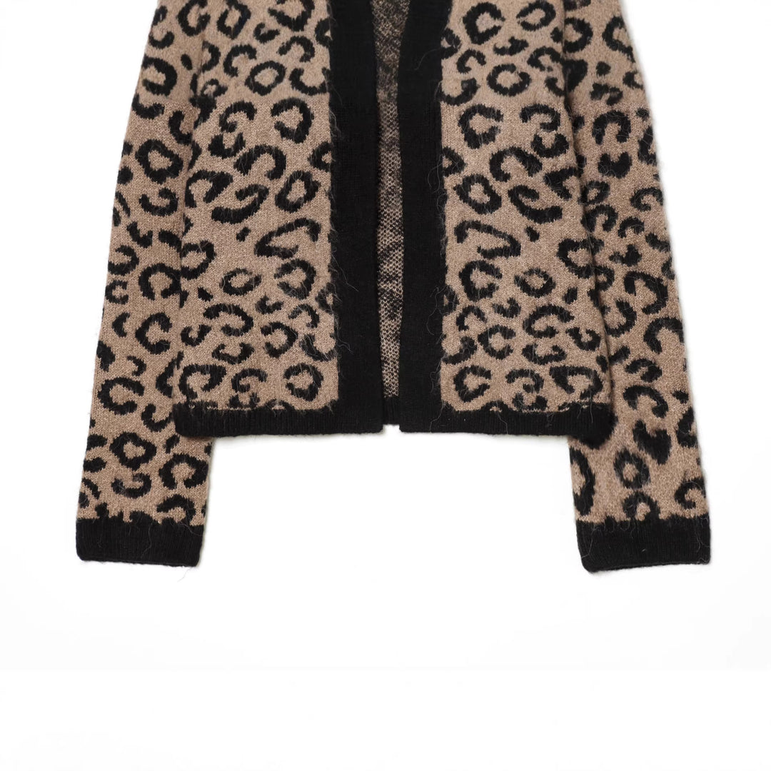 Damen nan kuschelige Leopard-Muster Strickjacke mit offener Front, Rippbündchen und weichem Mohair-Effekt Echo Archiv