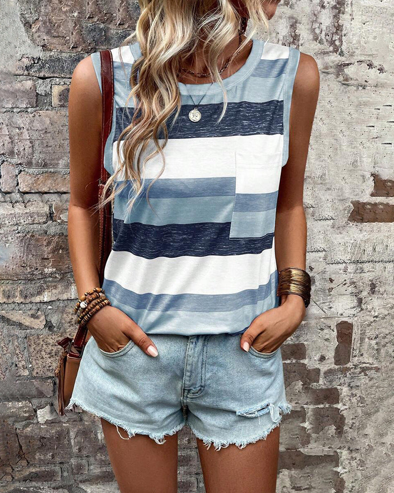 Damen nan ärmelloses gestreiftes Jerseyshirt mit aufgesetzter Brusttasche und legerer Boxy‑Silhouette Echo Archiv