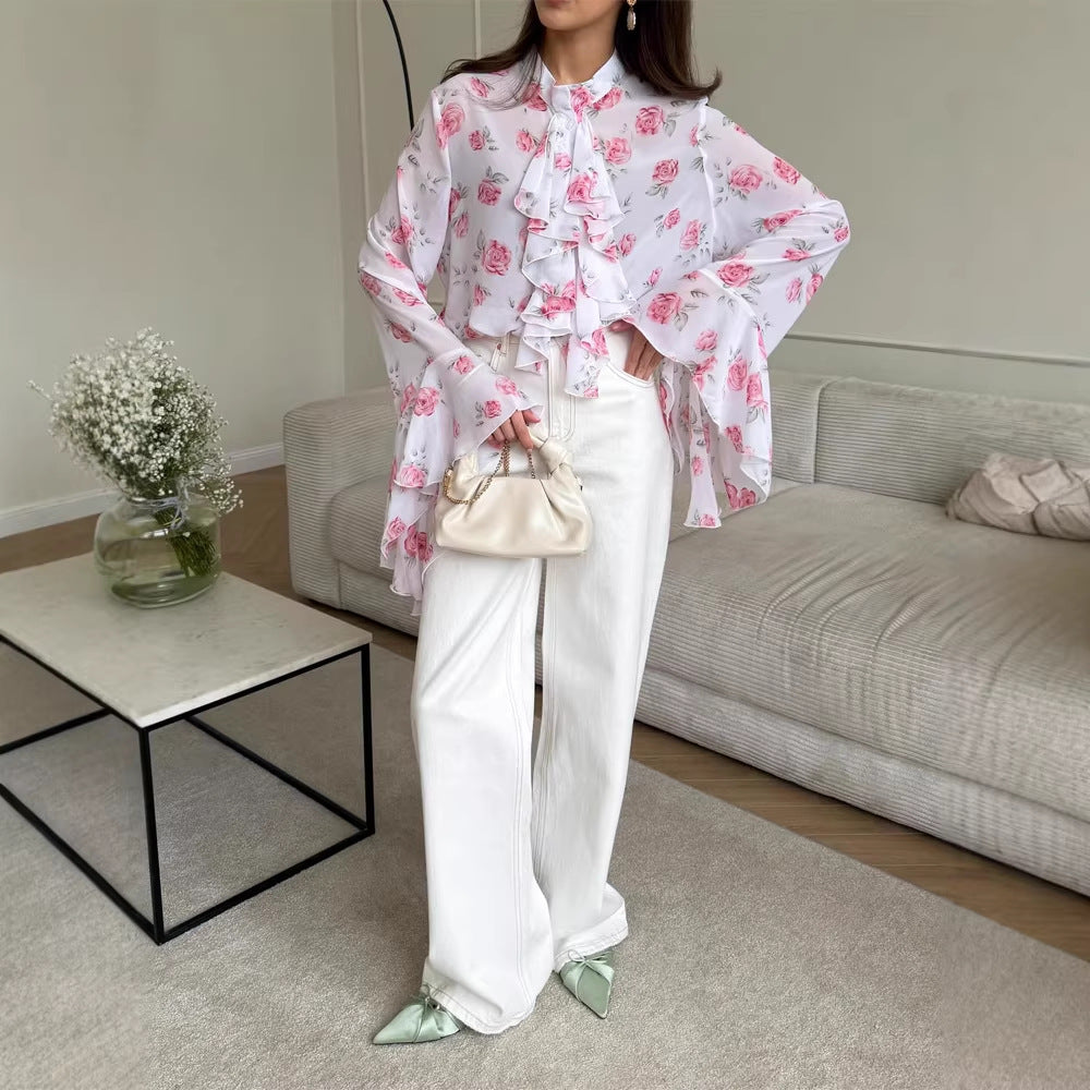 Damen Chiffon-Bluse mit Rosendruck, Volantstufen und Glockenärmeln Echoarchiv