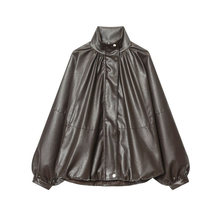 Damen kastiger Kunstleder-Blouson mit hohem Stehkragen, geraffter Schulterpartie und ballonärmeln – Célinea