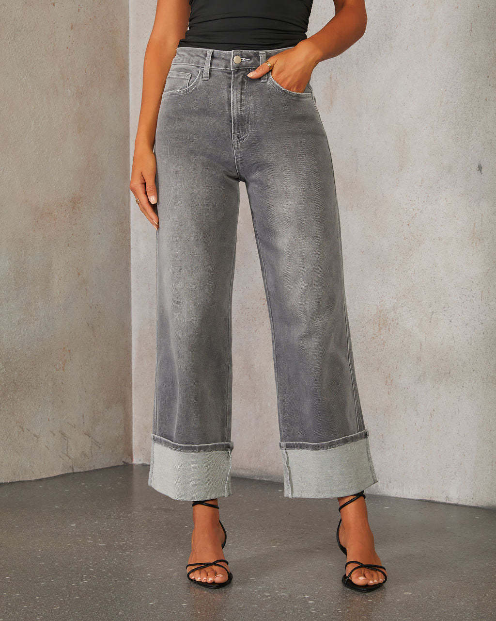 Damen nan hochgeschnittene Culotte-Jeans mit breitem Umschlag und geradem Bein Echo Archiv