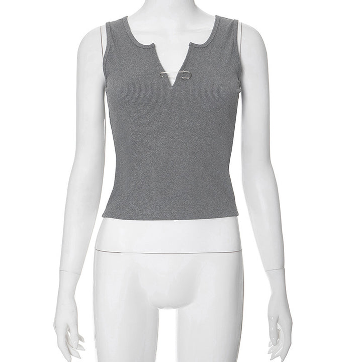 Damen figurbetontes Trägershirt mit V-Ausschnitt und Sicherheitsnadel-Detail Echo Archiv