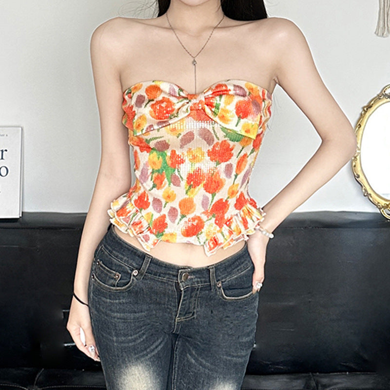 Damen Bustier-Top mit floralem Glitzerdesign und Rüschensaum Echo Archiv