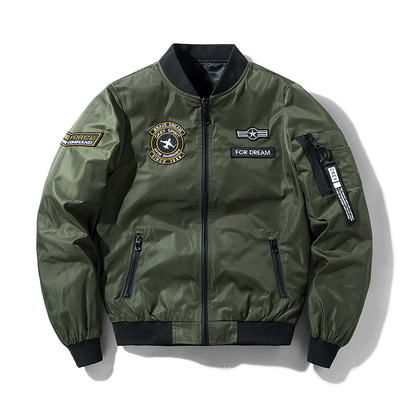 Men's military-inspired bomber jacket with embroidered mission patches – Brevano