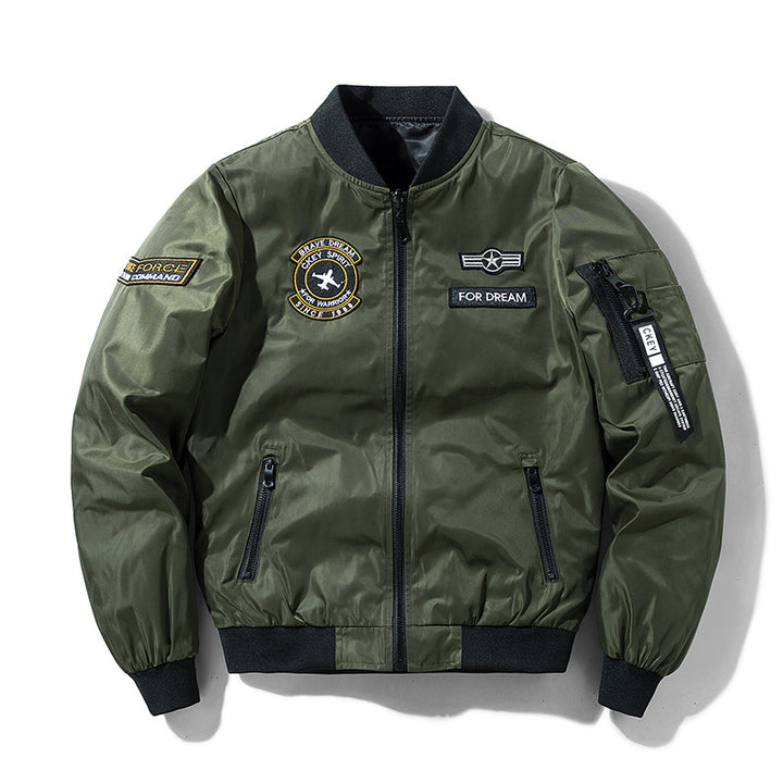 Men's military-inspired bomber jacket with embroidered mission patches – Brevano