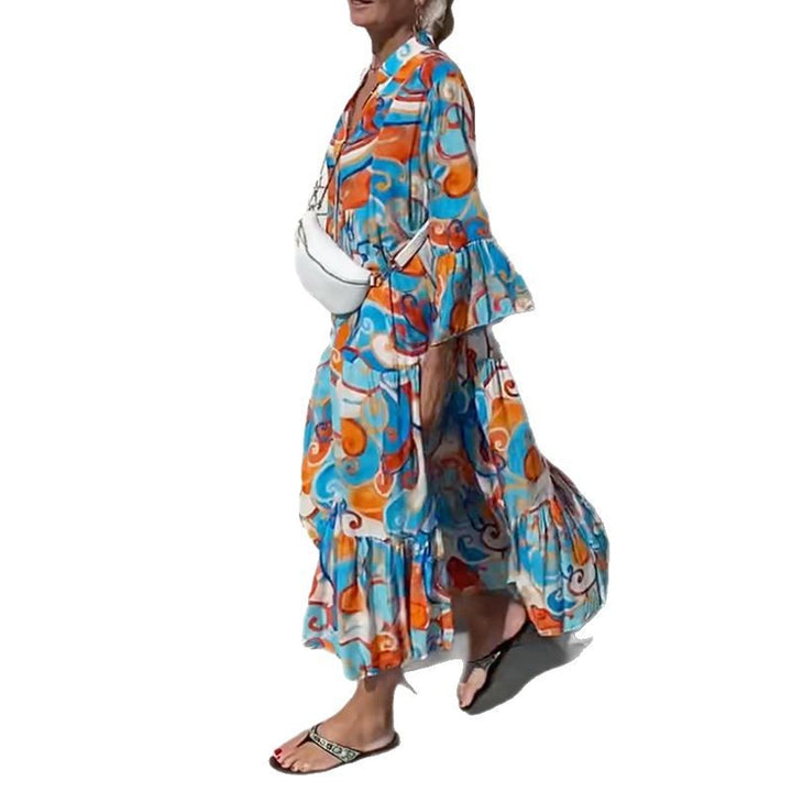 Damen nan luftiges Maxikleid mit Aquarellprint, V‑Ausschnitt, halber Knopfleiste und Stufenrock Echo Archiv