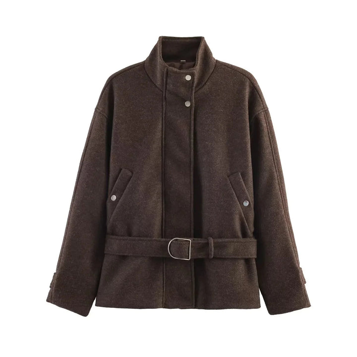 Damen taillierte Kurzjacke im Wollmix mit Stehkragen, Druckknopfleiste und Bindegürtel – Célinea