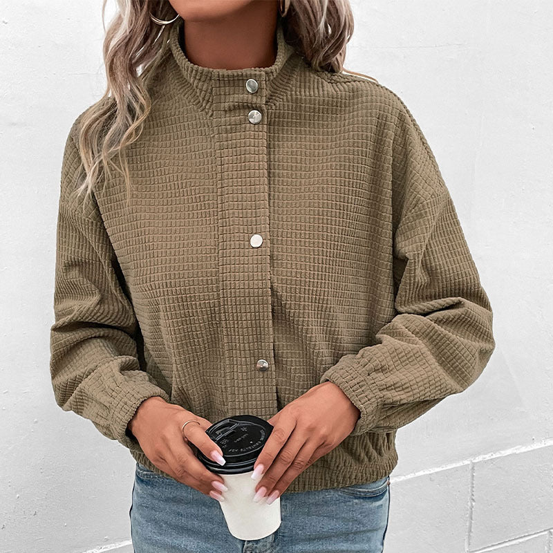 Damen Kurz geschnittene Waffelstruktur-Jacke mit Stehkragen und Reißverschluss – Célinea