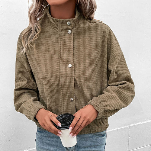 Damen Kurz geschnittene Waffelstruktur-Jacke mit Stehkragen und Reißverschluss – Célinea