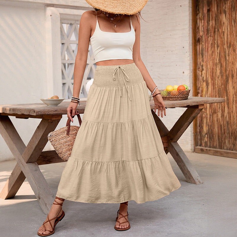 Damen Stufiger Maxi‑Rock mit Smokbund, Tunnelzug und luftiger Leinenoptik – Valéora