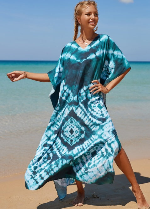 Damen Strandkleid mit buntem Batikdesign und weit geschnittenen Ärmeln Echo Archiv