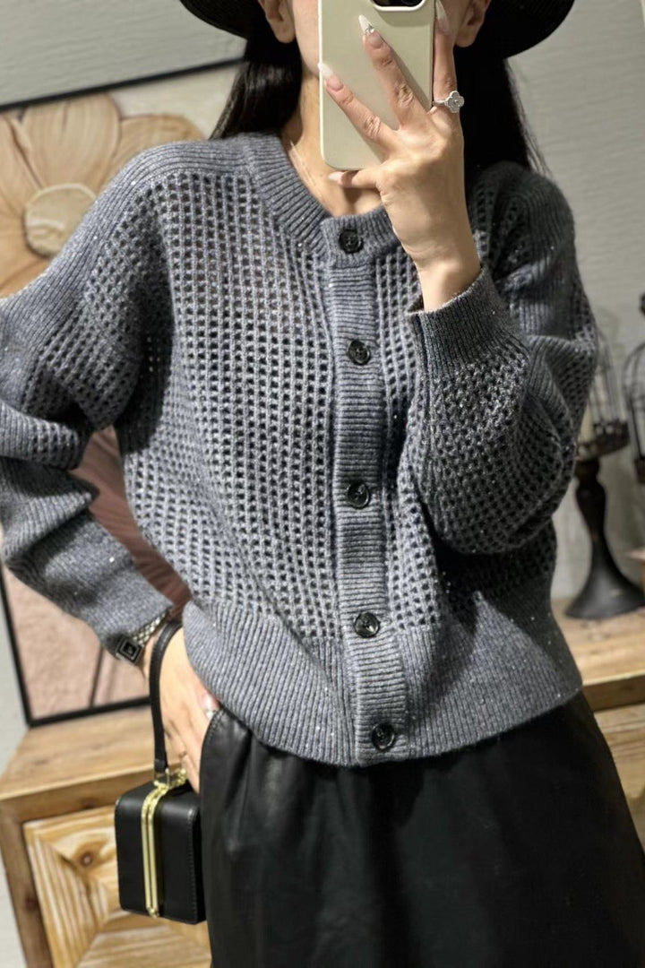 Damen Lockerer Mesh‑Cardigan mit Gitter‑Ajour, Rundhalsausschnitt und Knopfleiste Echoarchiv