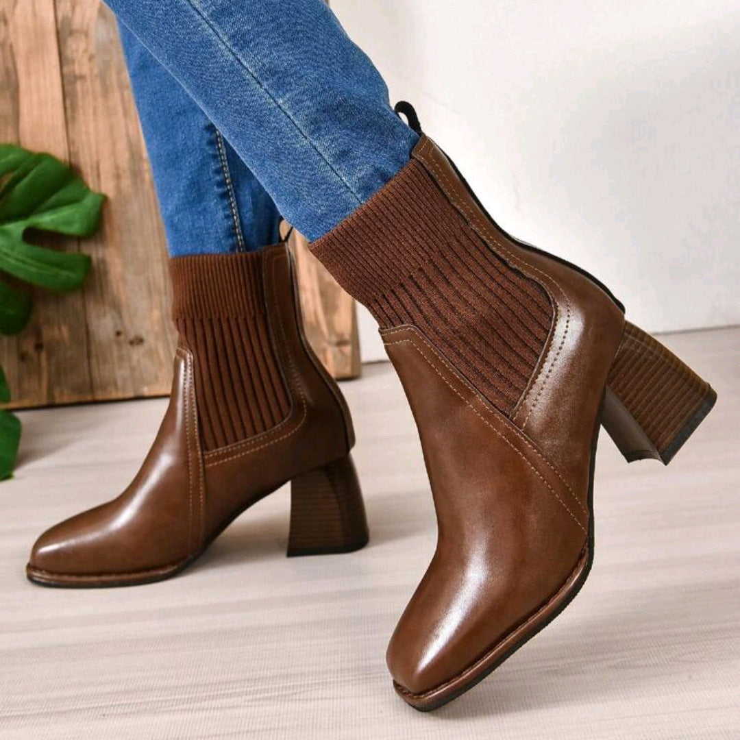 Damen Elegante Blockabsatz Stiefeletten mit Strickschaft Echo Archiv