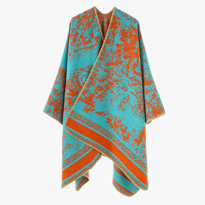 Damen Jacquard‑Überwurfponcho mit offener Front, kastiger Silhouette und fein gekettelter Saumkante – Avérine