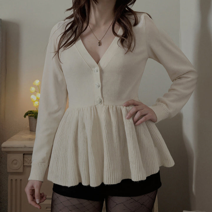 Damen nan geripptes Langarm-Top mit Empire-Taille, zierlicher Knopfleiste und Spitzenbesatz Echo Archiv