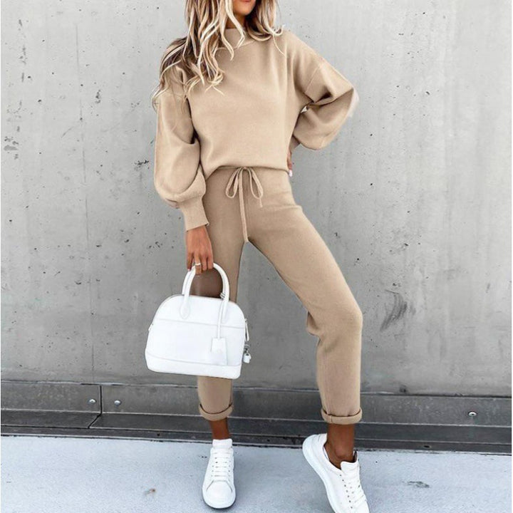 Damen Strick-Loungewear-Set mit Ballonärmeln und taillierter Jogginghose – Mavelle