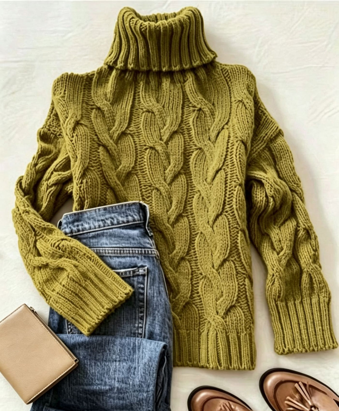 Damen Grobstrick-Rollkragenpullover mit markanten Zopfmustern und gerippten Bündchen – Mavelle