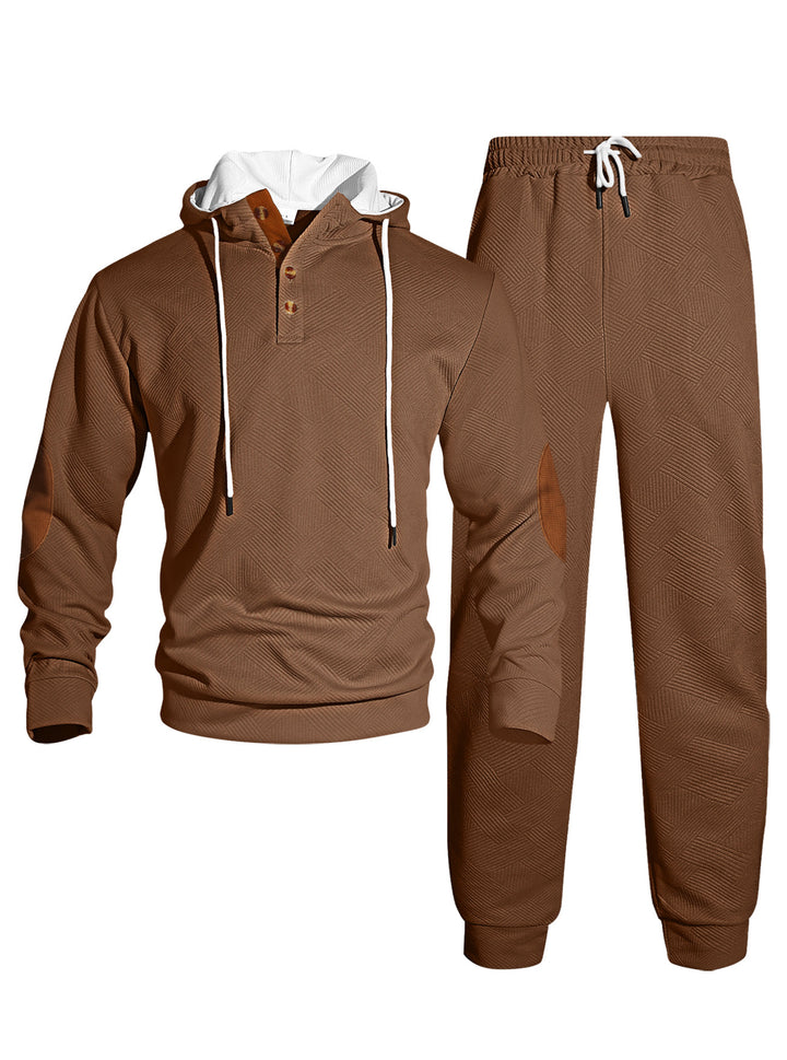 Herren nan Waffelstruktur Henley-Kapuzen-Set mit Holzknopfleiste Ellbogen-Patches und konischer Jogginghose Echo Archiv