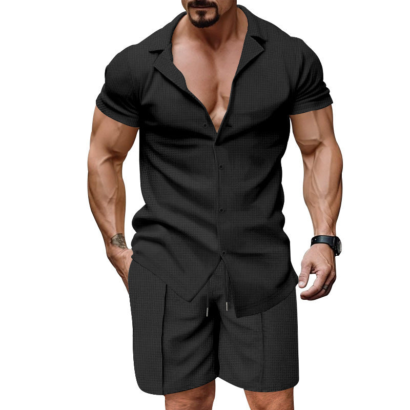 Herren lässiges Kurzarmzweiteiler Set mit strukturiertem Design Echoarchiv