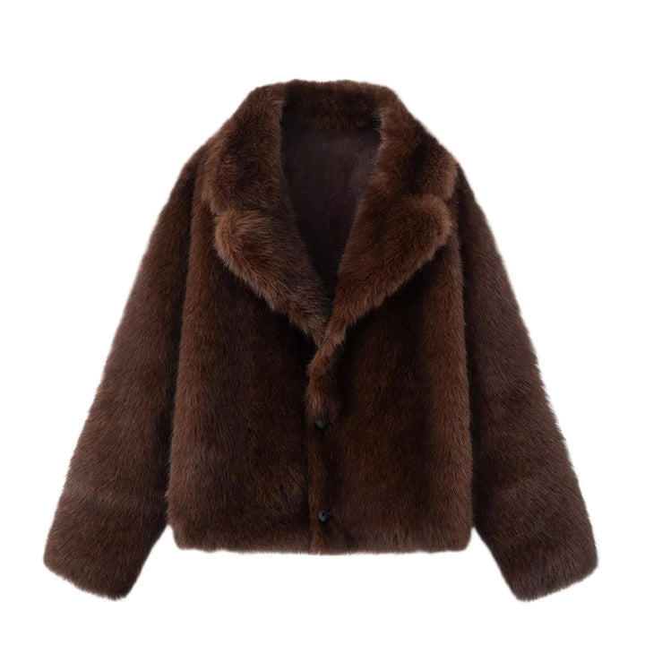 Damen kurze Lammfelloptik-Jacke mit voluminösem Schalkragen und verdeckter Knopfleiste – Célinea