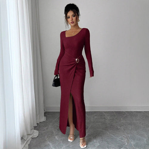Damen nan figurbetontes Maxikleid aus geripptem Strick mit Wickeldetail und Schlitz Echo Archiv