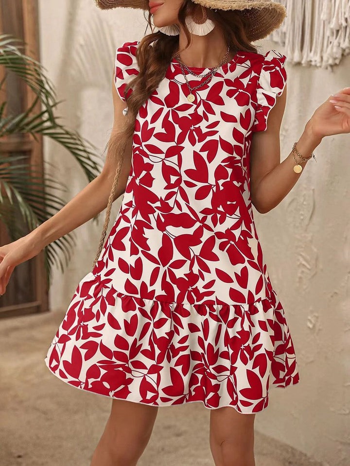 Damen Leichtes Stufen‑Kurzkleid mit Rüschenärmeln und botanischem Print Echo Archiv