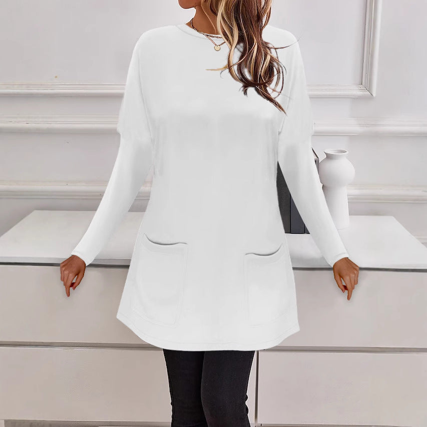 Damen Longline Feinstrick-Tunika mit Rundhalsausschnitt und aufgesetzten Taschen – Mavelle