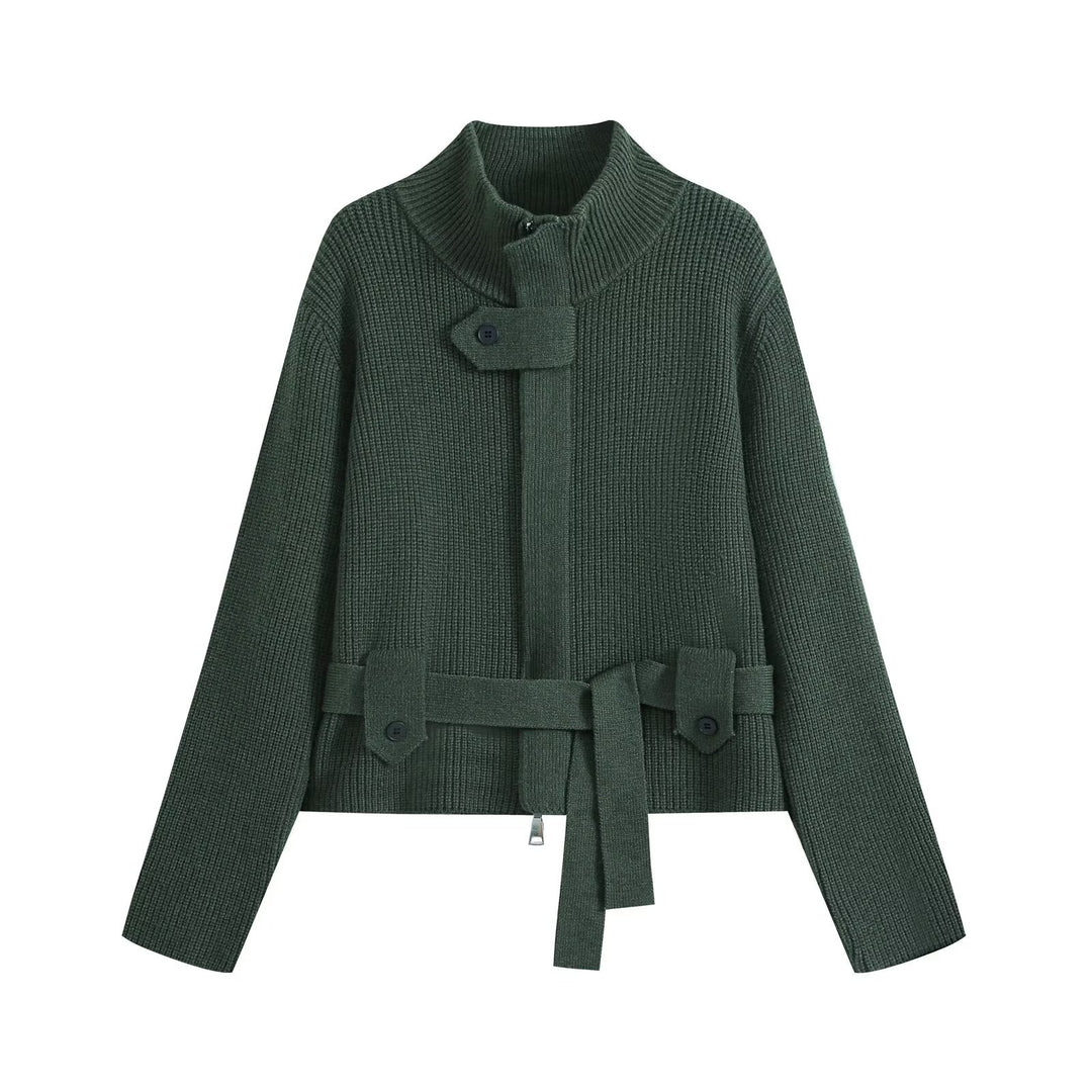 Damen Kurzgestrickte Taillierte Strickjacke mit Stehkragen und Taillengurt Echo Archiv