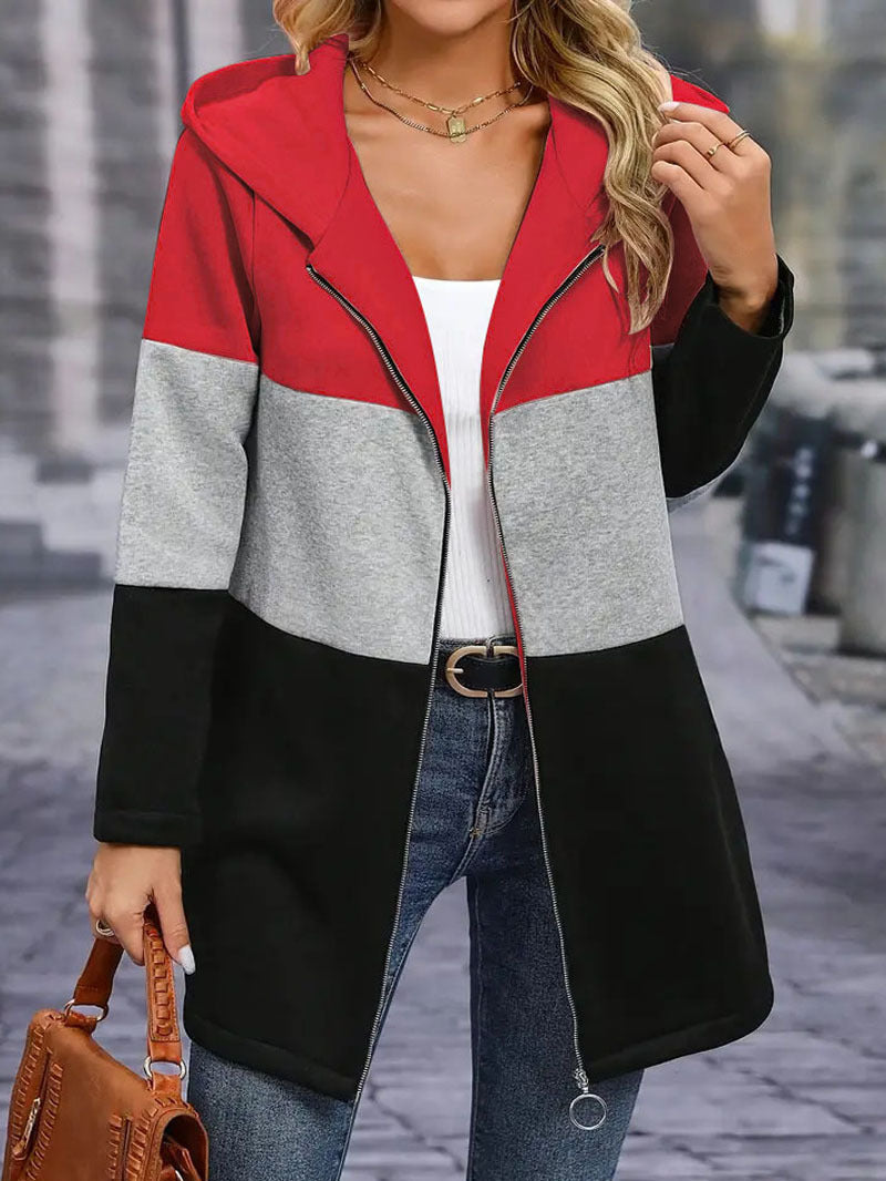Damen Kapuzen-Farbblock-Mantel mit durchgehendem Reißverschluss, oversized Schnitt und mittellanger Silhouette – Célinea