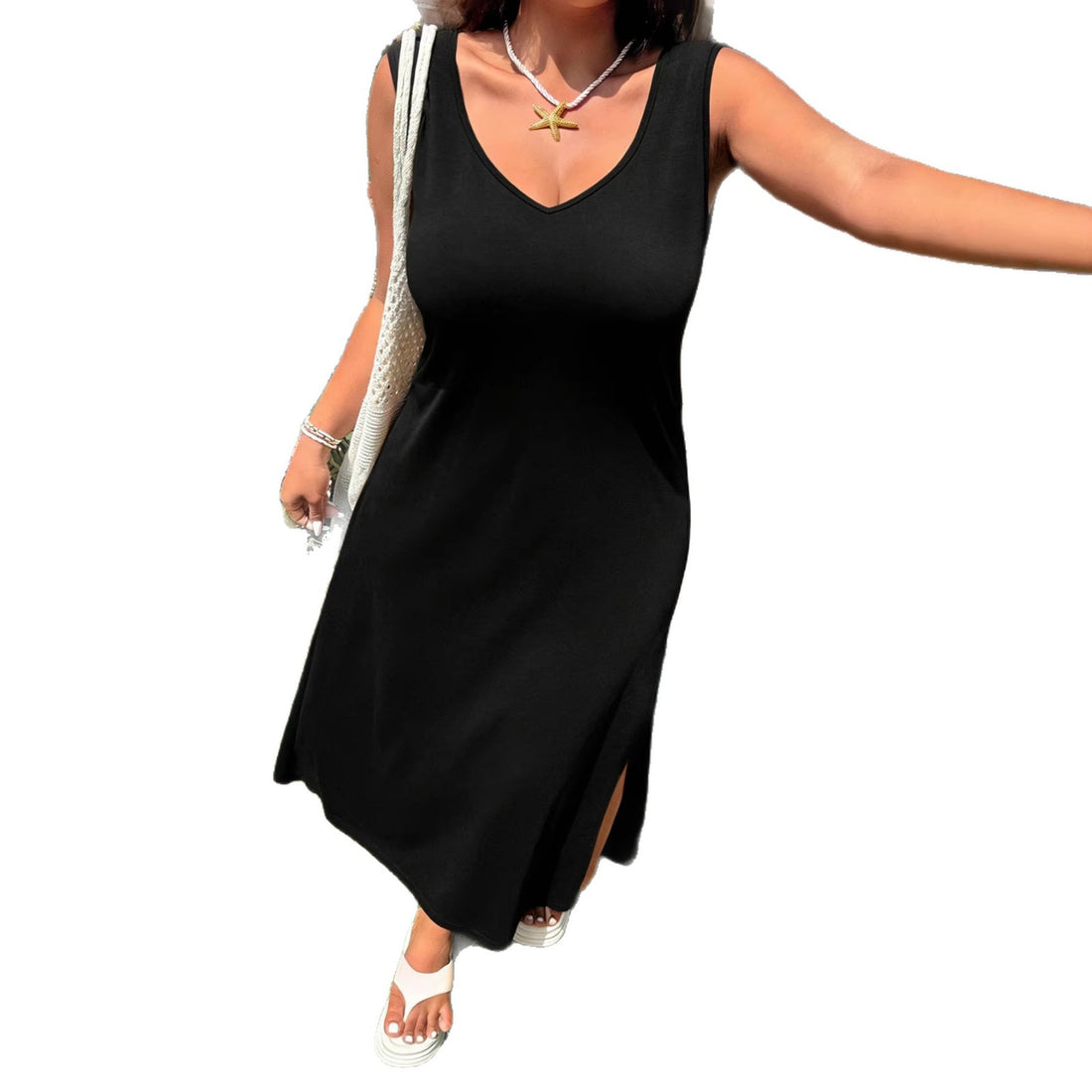 Damen luftiges Maxikleid mit V-Ausschnitt und seitlichem Schlitz – Valéora